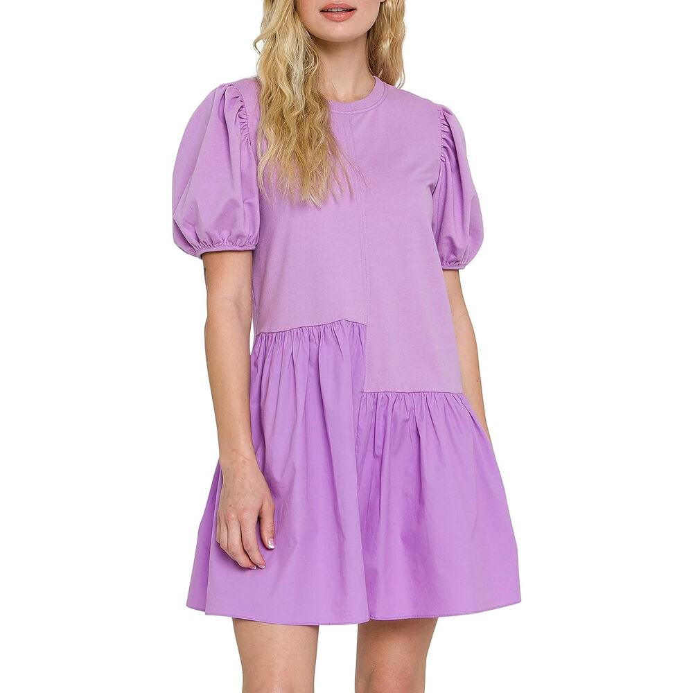 English Factory Knit Woven Mixed Dress Lilac Purple Puff Sleeve Mini Size Small